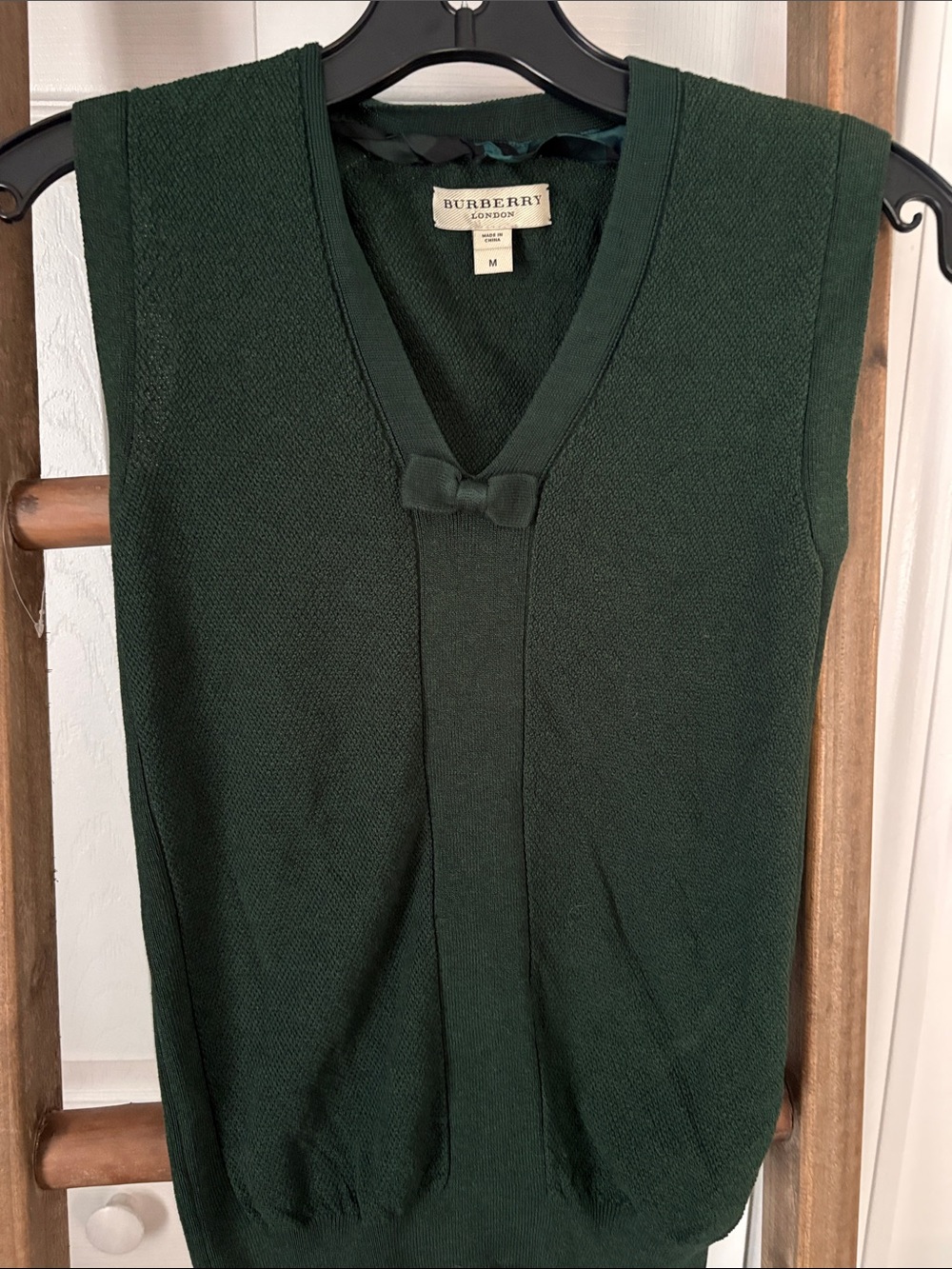 Burberry Dark Green Sleeveless V-Neck Knit Shell with Bow Accent